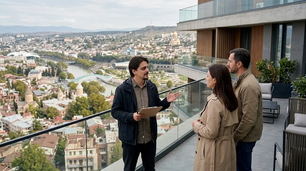 Asesor y compradores en la terraza de un edificio de obra nueva en Tiflis