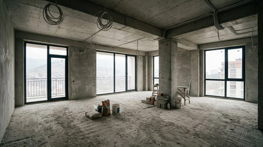 Interior sin acabados de un apartamento de obra nueva en Tiflis