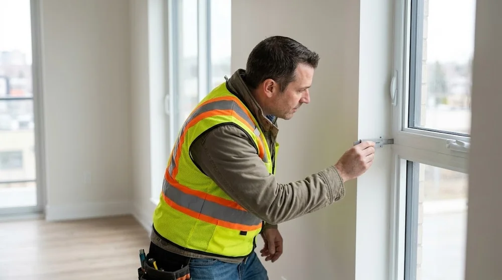 Inspección de una ventana y su unión con la pared en un apartamento terminado